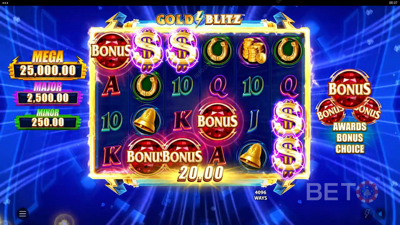 3 eller flere Scatters gir deg muligheten til å utløse Free Spins eller Gold Blitz-bonusen.