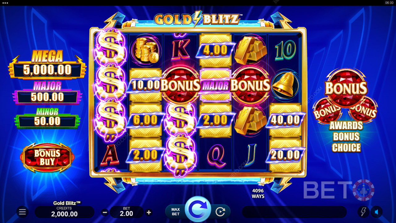 Pengepremier kan vinnes i basisspillet i spilleautomaten Gold Blitz.