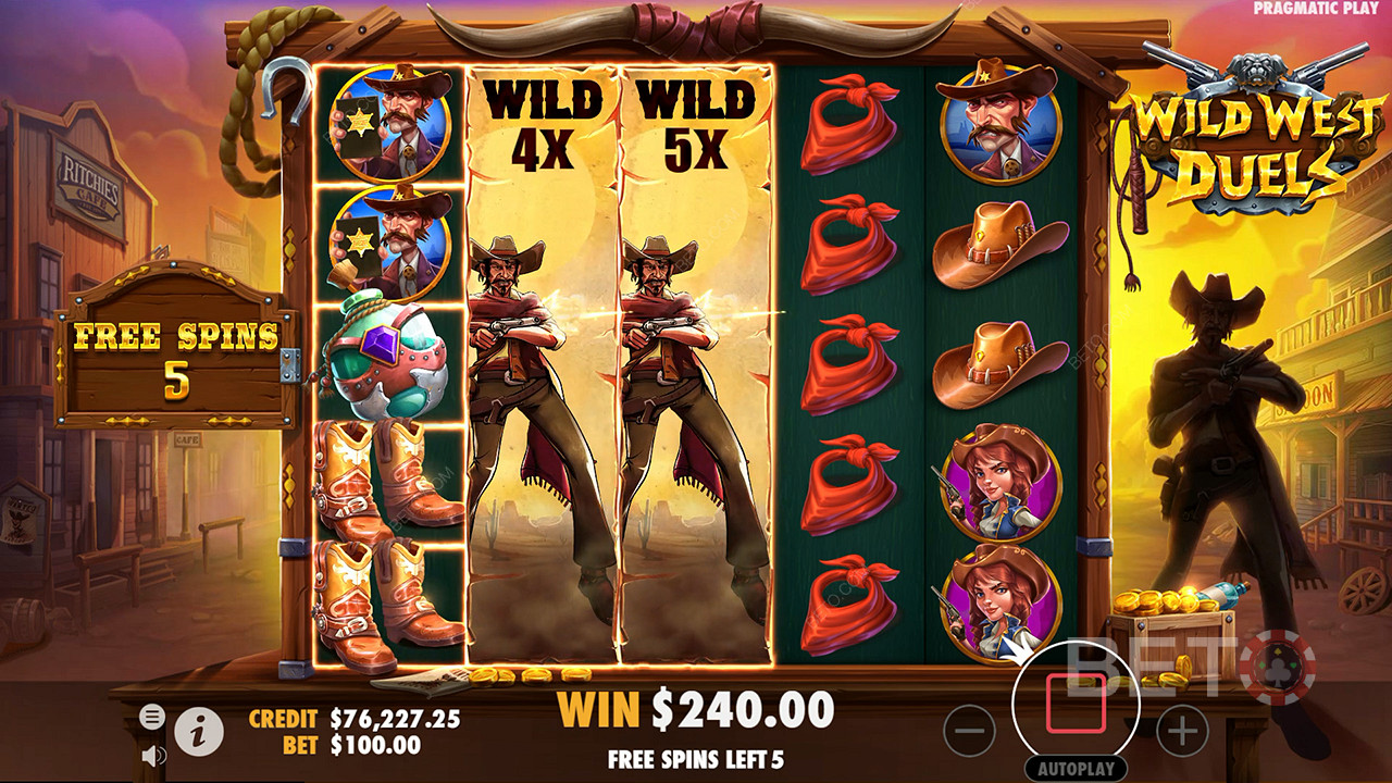 Expanding Wilds med multiplikatorer vises i Duel Free Spins i Wild West-spilleautomaten
