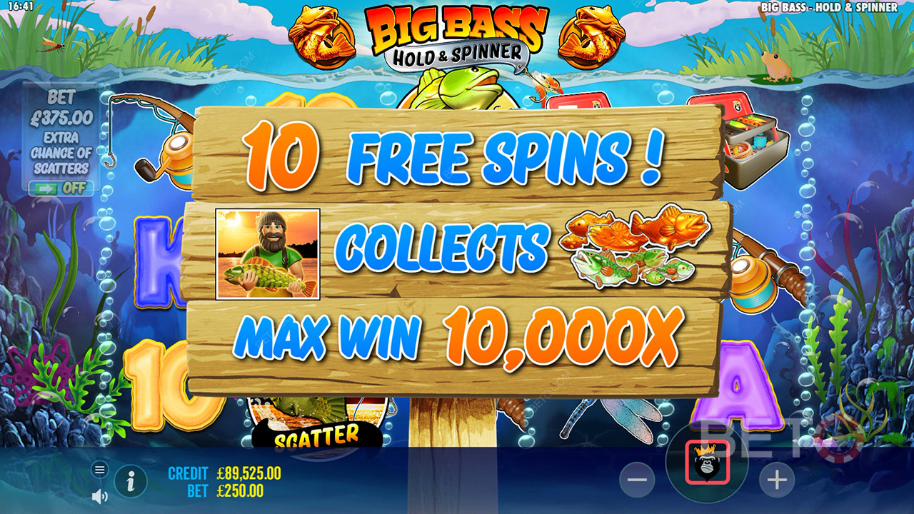 Vinn 10 000 ganger innsatsen din i Big Bass Bonanza Hold and Spinner Video Slot!