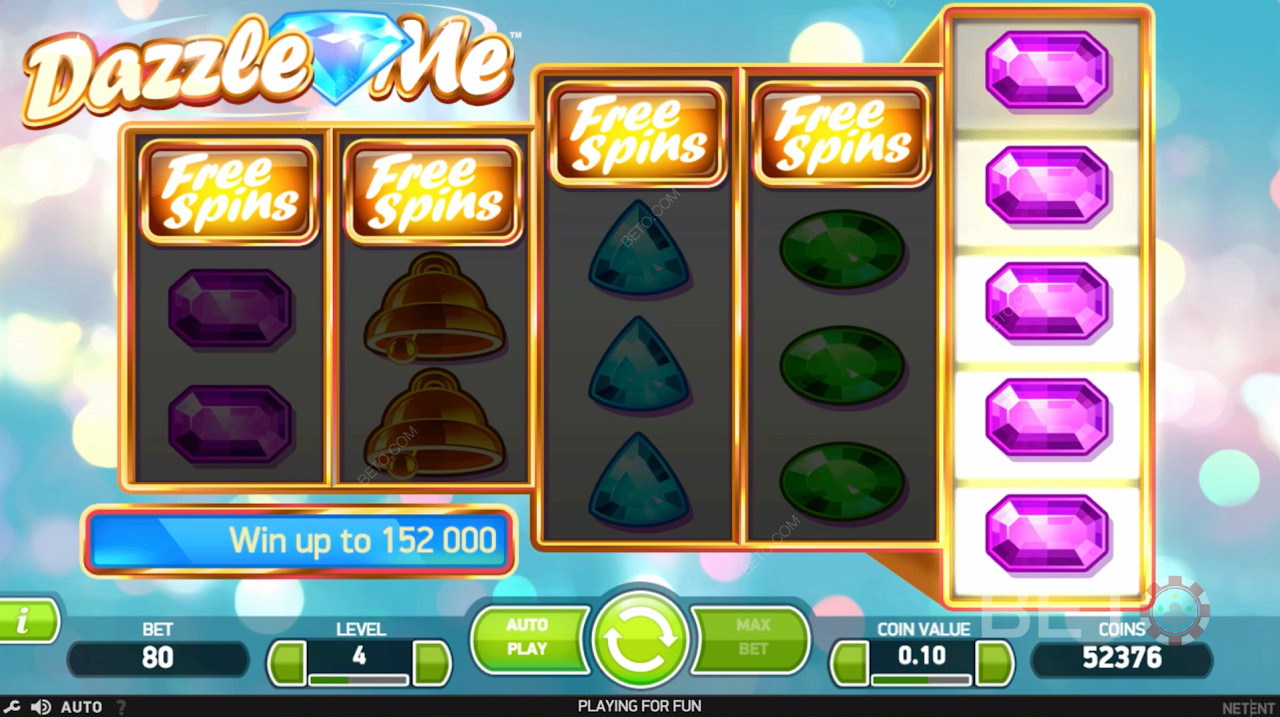 Free Spins utløses ved å lande mer enn 3 Free Spins-symboler i Dazzle Me spilleautomaten.