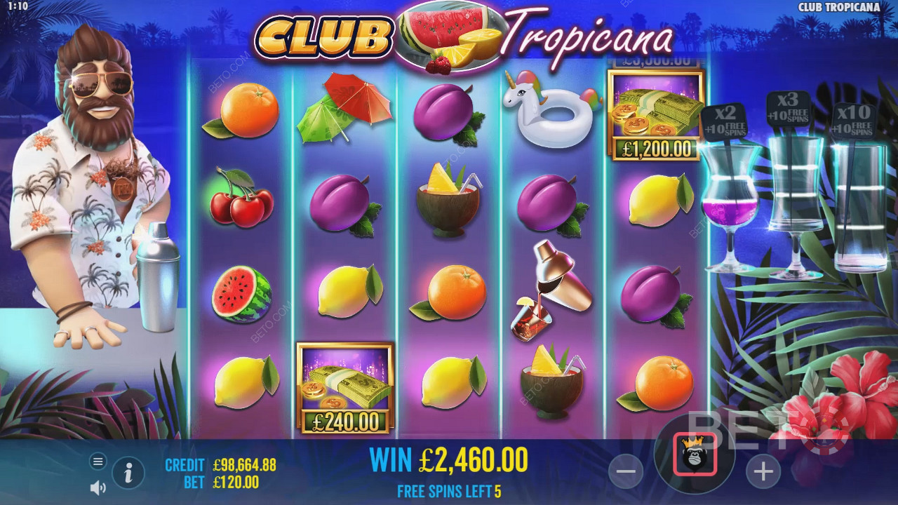 Få muligheten til å samle pengesymbolene i gratisspinnene i Club Tropicana-spilleautomaten