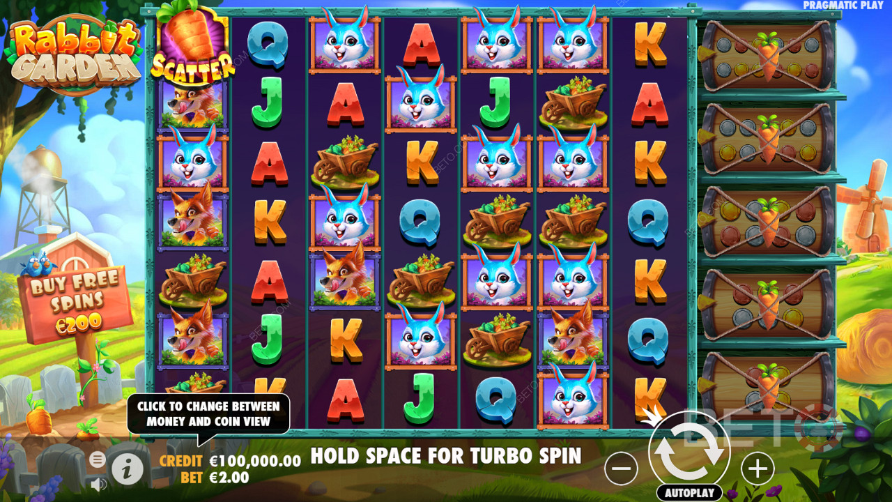 Nyt et massivt oppsett og cluster pay-mekanismen i spilleautomaten Rabbit Garden.