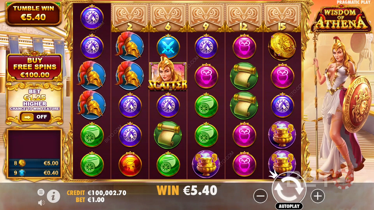 Kjøp gratisspinn eller bruk Ante Bet-funksjonen i spilleautomaten Wisdom of Athena