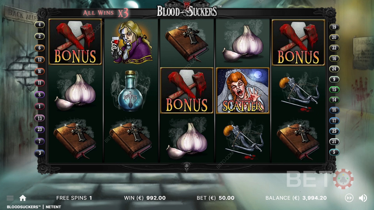 3 bonussymboler på de riktige posisjonene utløser bonusspillet i Blood Suckers-spilleautomaten.