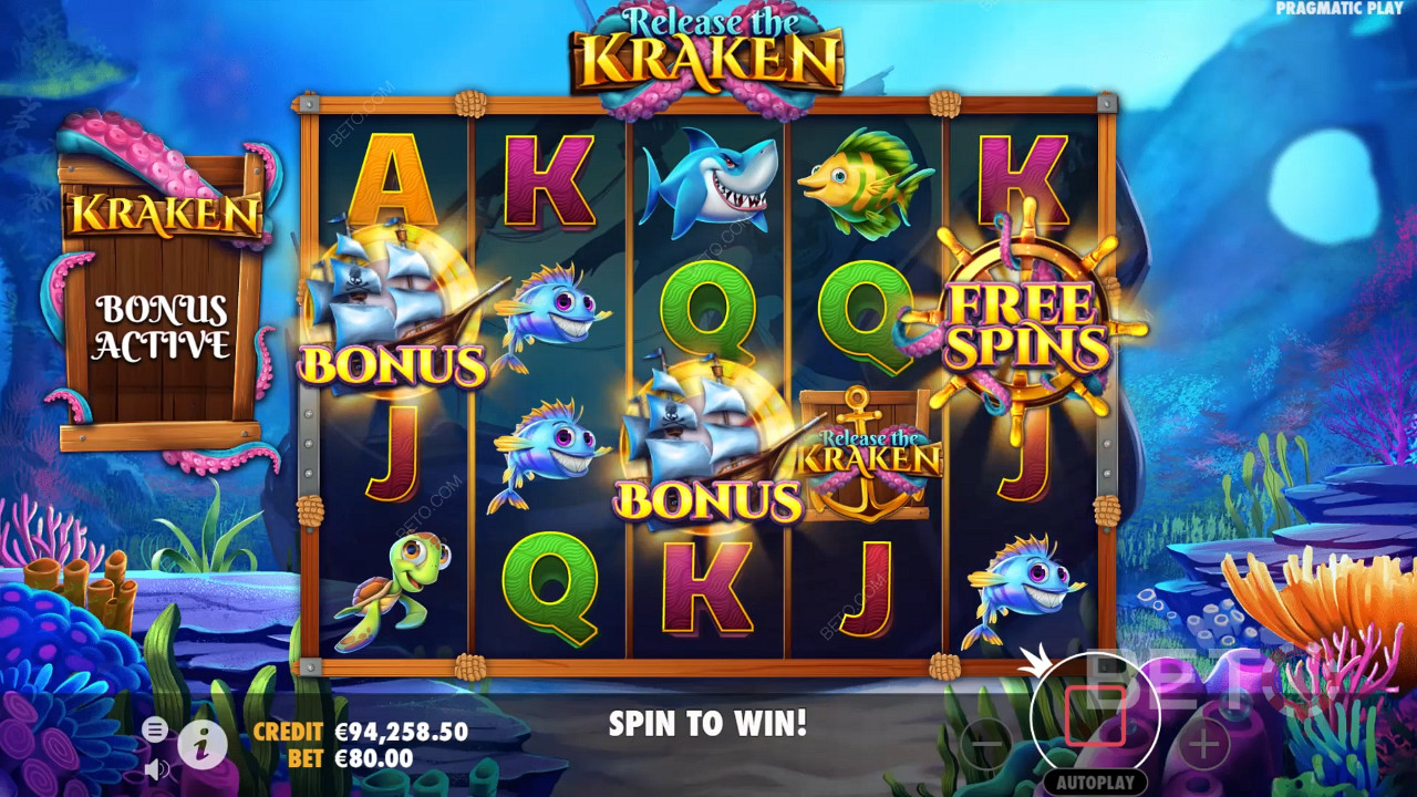 2 Scatter-symboler og 1 gratisspinn-symbol utløser gratisspinn i spilleautomaten Release the Kraken.