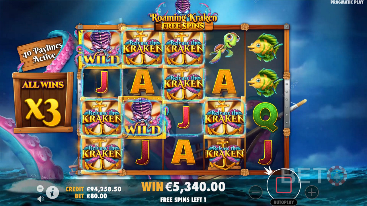 Sticky Wild-symboler gjør det enkelt å vinne i gratisspinnene i Release the Kraken-spilleautomaten.
