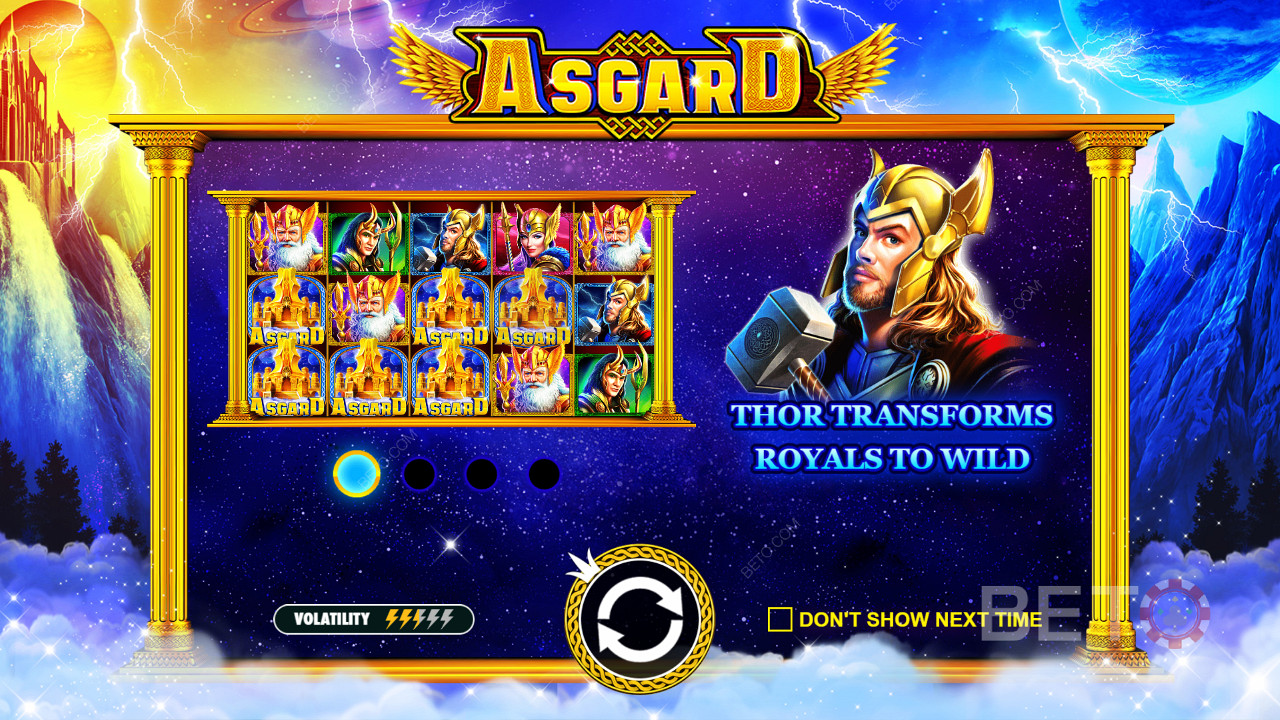 Kos deg med mange morsomme funksjoner og middels varians i spilleautomaten Asgard.