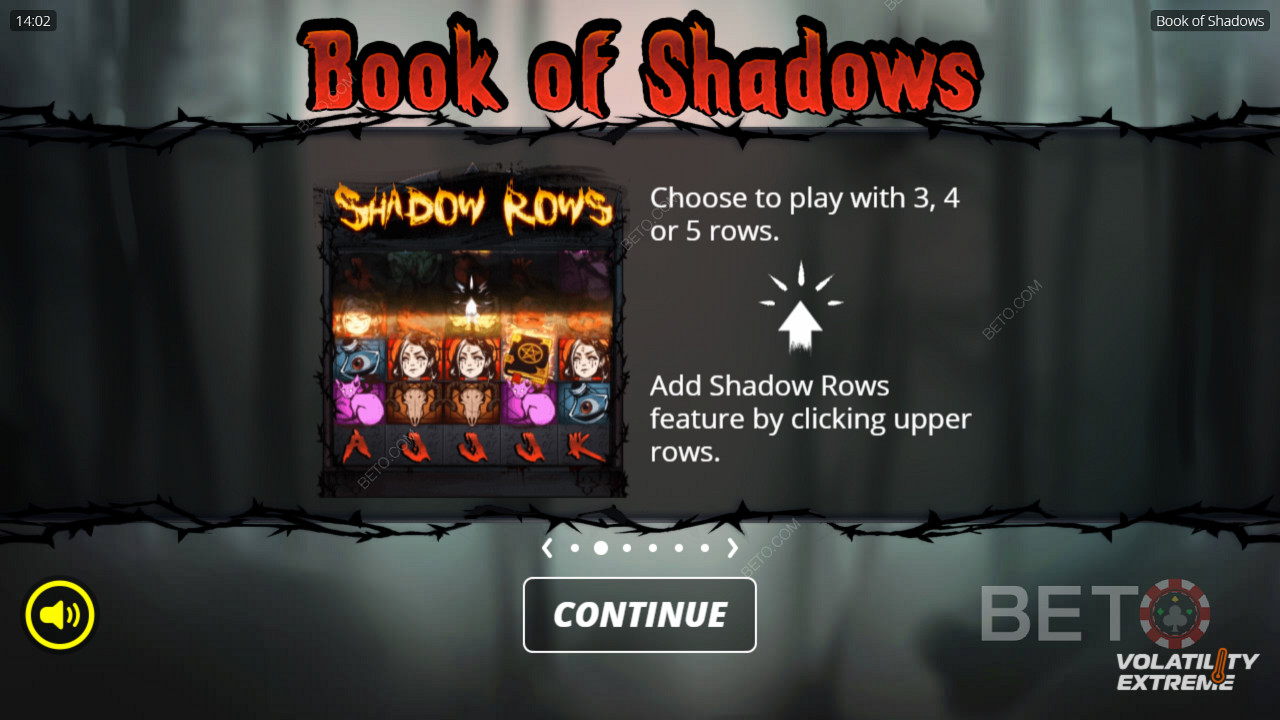 Lås opp alle 5 rader eller spill med bare 3 rader i spilleautomaten Book of Shadows.
