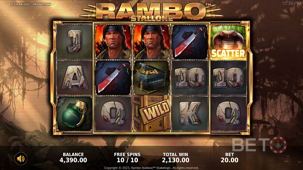 Kos deg med fantastiske bonusfunksjoner og et eksepsjonelt tema i spilleautomaten Rambo.