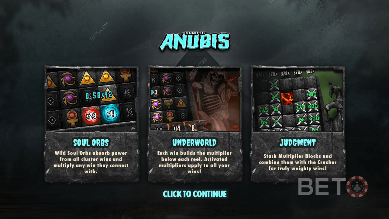 Få glede av tre enestående funksjoner i spilleautomaten Hand of Anubis online