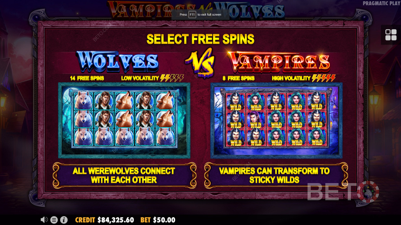 Bonusrunder med doble gratisspinn i Vampires vs Wolves