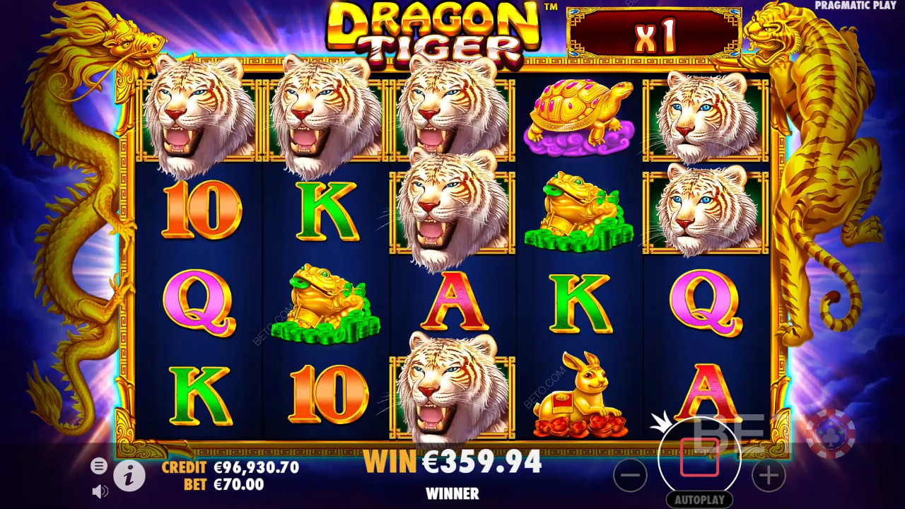 Multiplikatorene kommer i spill under gratisspinn-bonusen i Dragon Tiger online slot