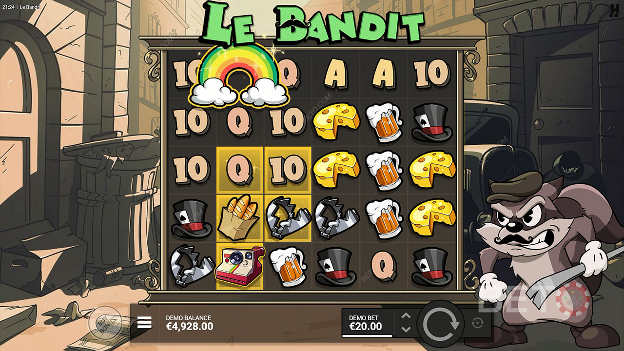 Regnbuesymbolet aktiverer alle gylne firkanter i spilleautomaten Le Bandit.