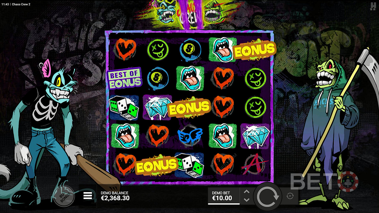 Utløs bonusspillet etter at du har fått 3 bonussymboler i spilleautomaten Chaos Crew 2 online.