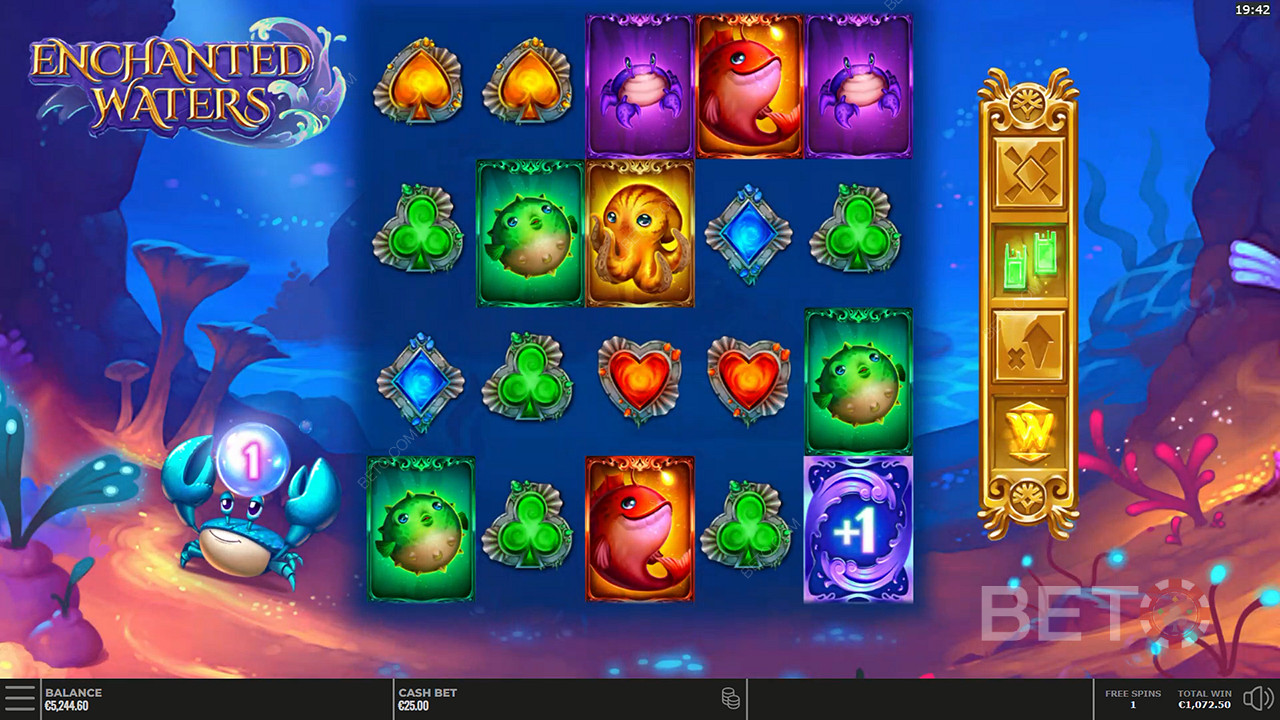 Modifikatorene forblir aktive så lenge gratisspinnene i Enchanted Waters online spilleautomat varer.