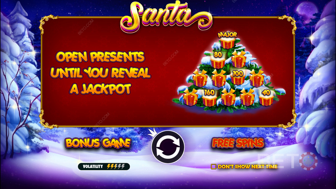 Bonusspillet har pengepremier og jackpotter i spilleautomaten Santa online.