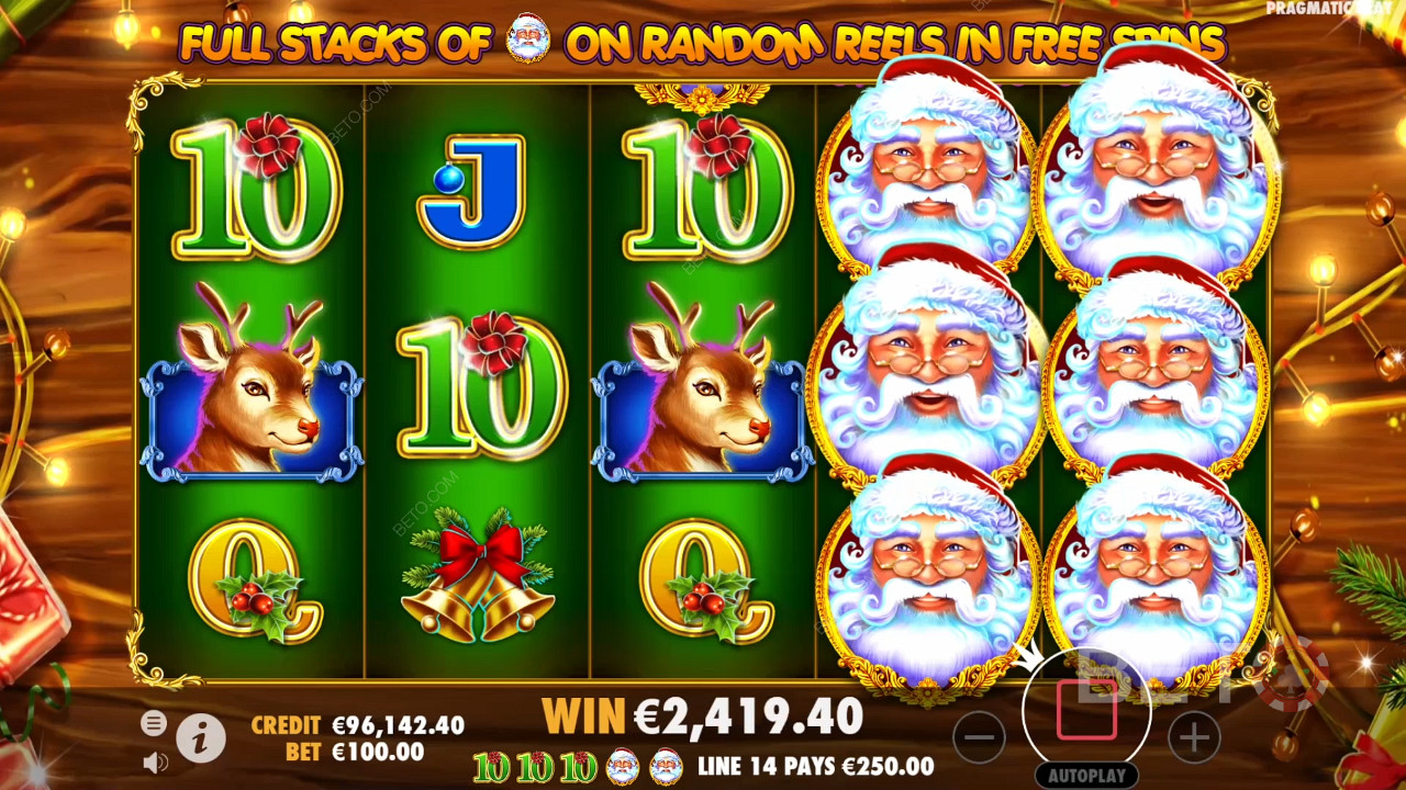 Få glede av fullt stablede Wild-hjul i spilleautomaten Santa online med gratisspinn