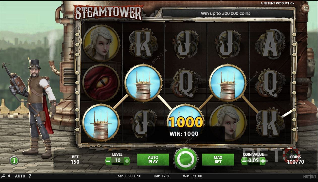 Matchende symboler i spilleautomaten Steam Tower