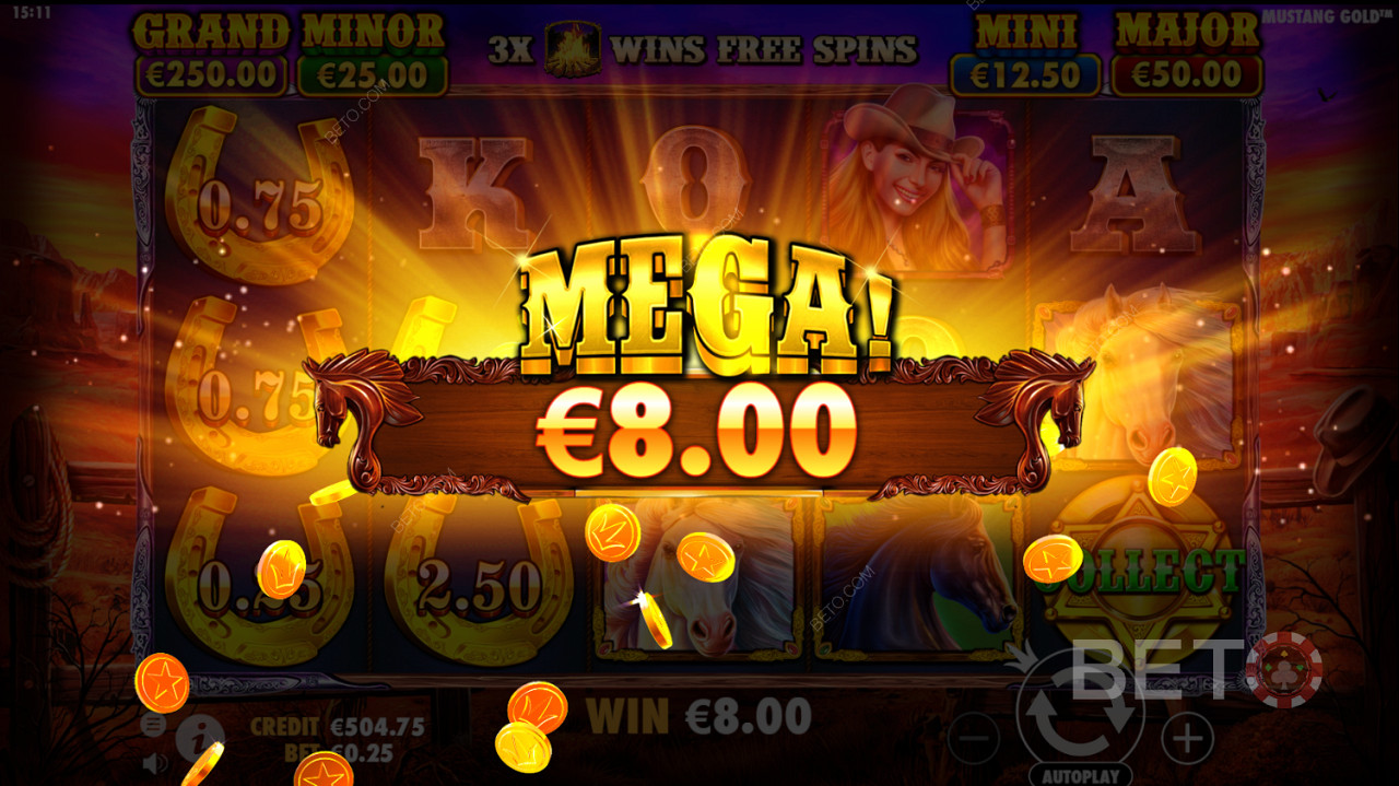 Mega Win i spilleautomaten Mustang Gold