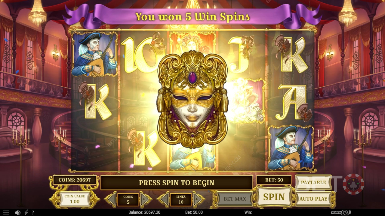 Vinn 10 000 ganger innsatsen din på videospilleautomaten Royal Masquerade!