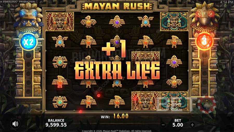 Mayan Rush bonusfunksjoner inkluderer gratisspinn, en multiplikator og en gamble-funksjon