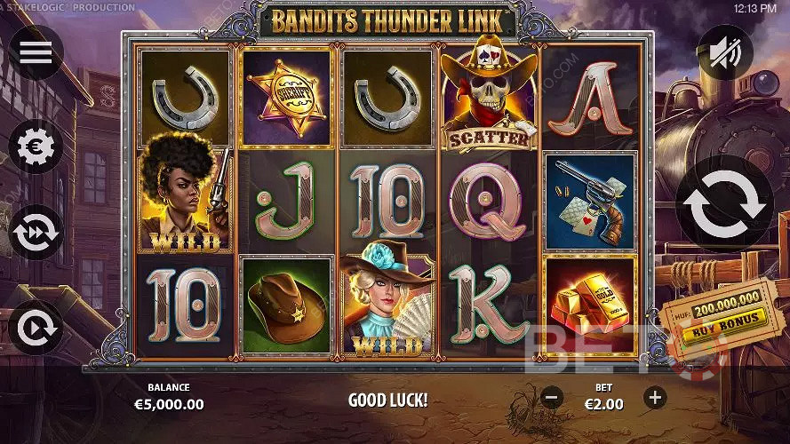 Du spiller i denne spilleautomaten med western-tema i Bandits Thunder Link spilleautomat