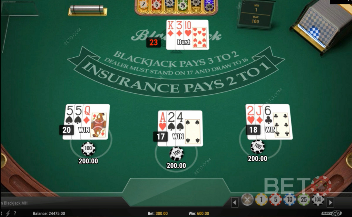 Spille tre hender i European Blackjack Multi-Hand Card Game