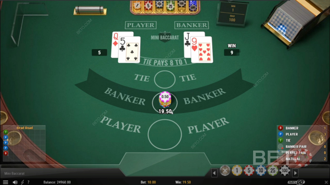Spill på Banker i Mini Baccarat Casino Game