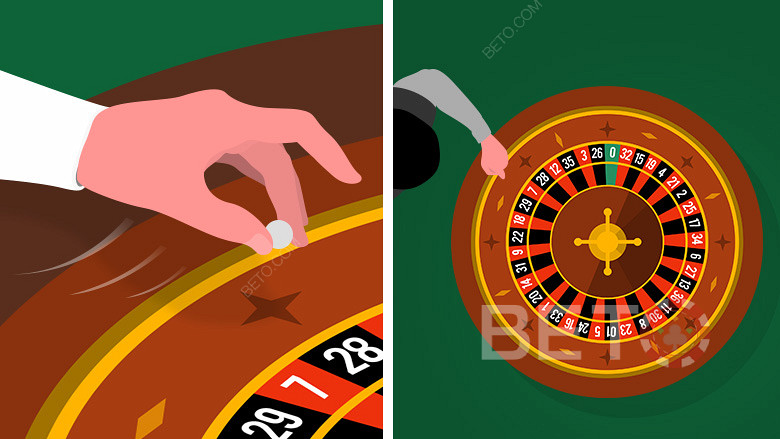 Dealeren snurrer ballen i motsatt retning av ruletthjulet.