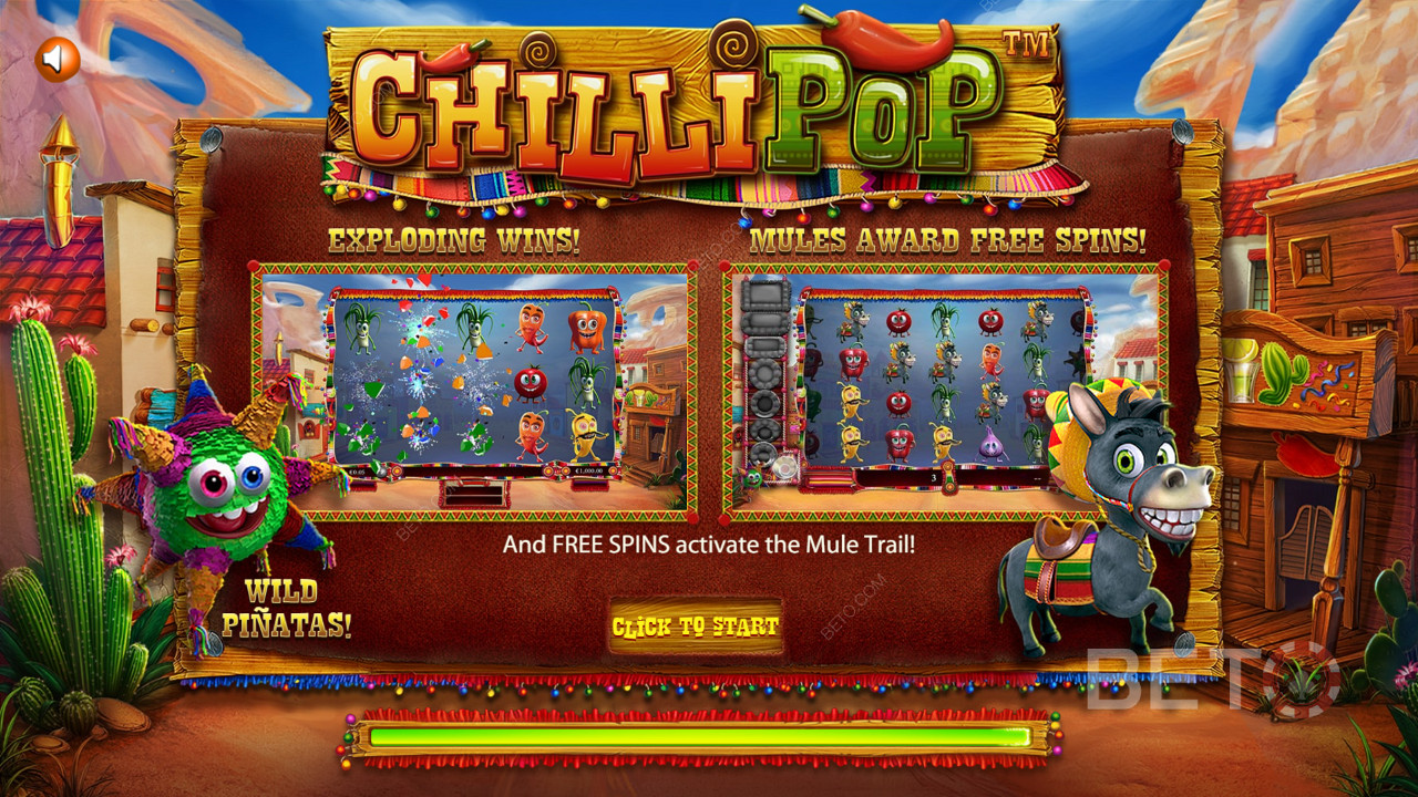 Introskjermen til den meksikanske spilleautomaten ChilliPop