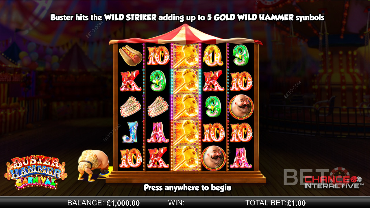 Nyt Wild Striker-funksjonen i Buster Hammer Carnival online spilleautomat
