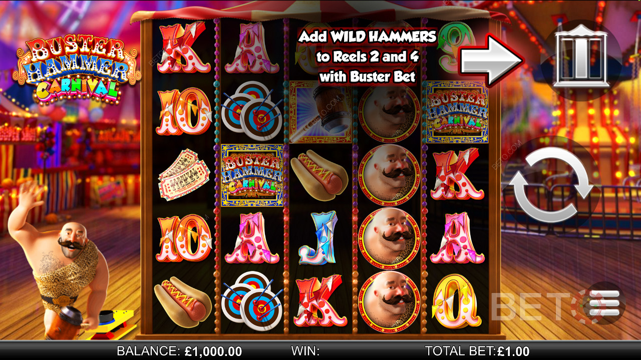 Buster Hammer Carnival - opplev Mighty Free Spins og Gold Wild Hammer-funksjonen - en spilleautomat fra Reel Play