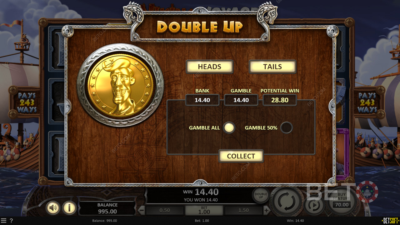 Prøv Double Up-funksjonen for å doble gevinstene dine i spilleautomaten Viking Voyage