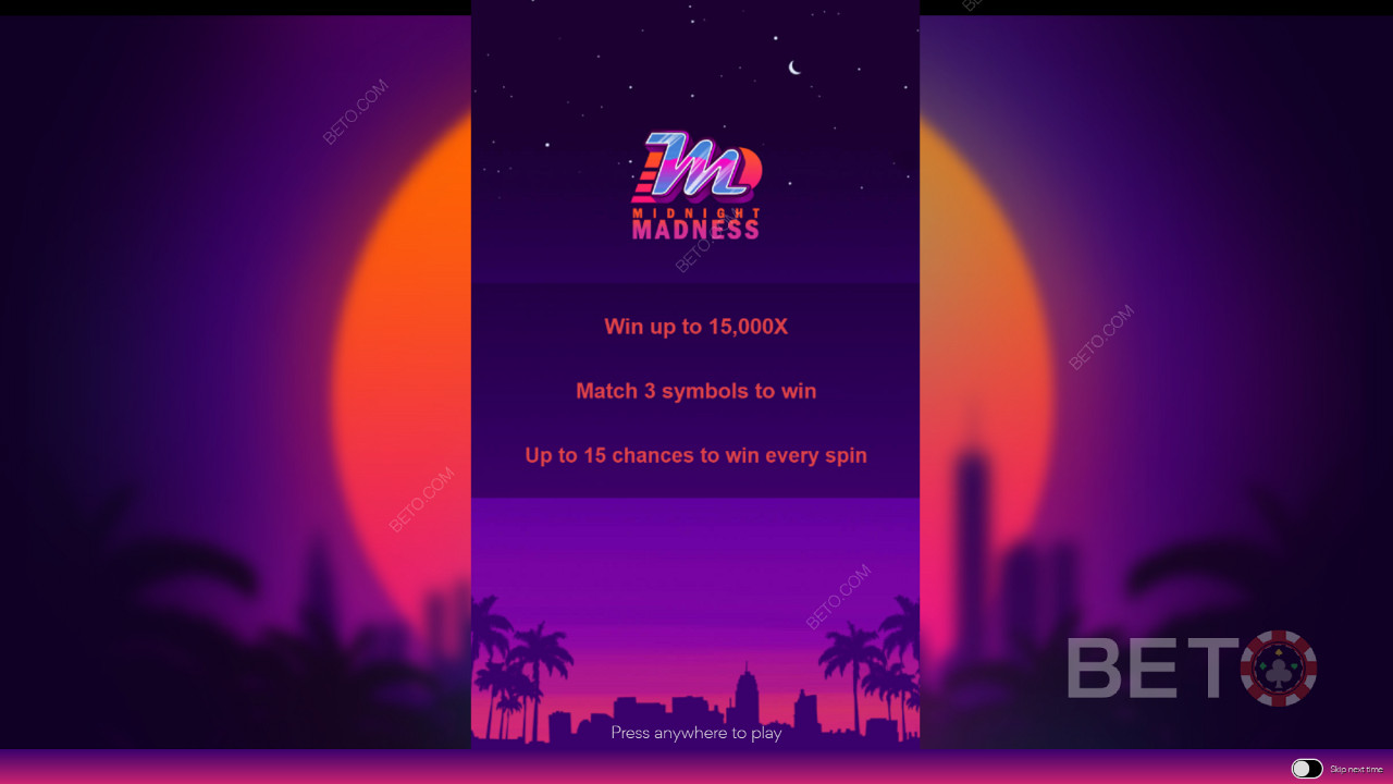 Startskjermen i Midnight Madness med info om spillingen