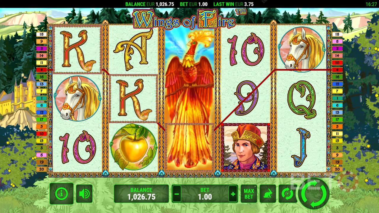 Vinn 2000 ganger innsatsen din i spilleautomaten Wings of Fire!