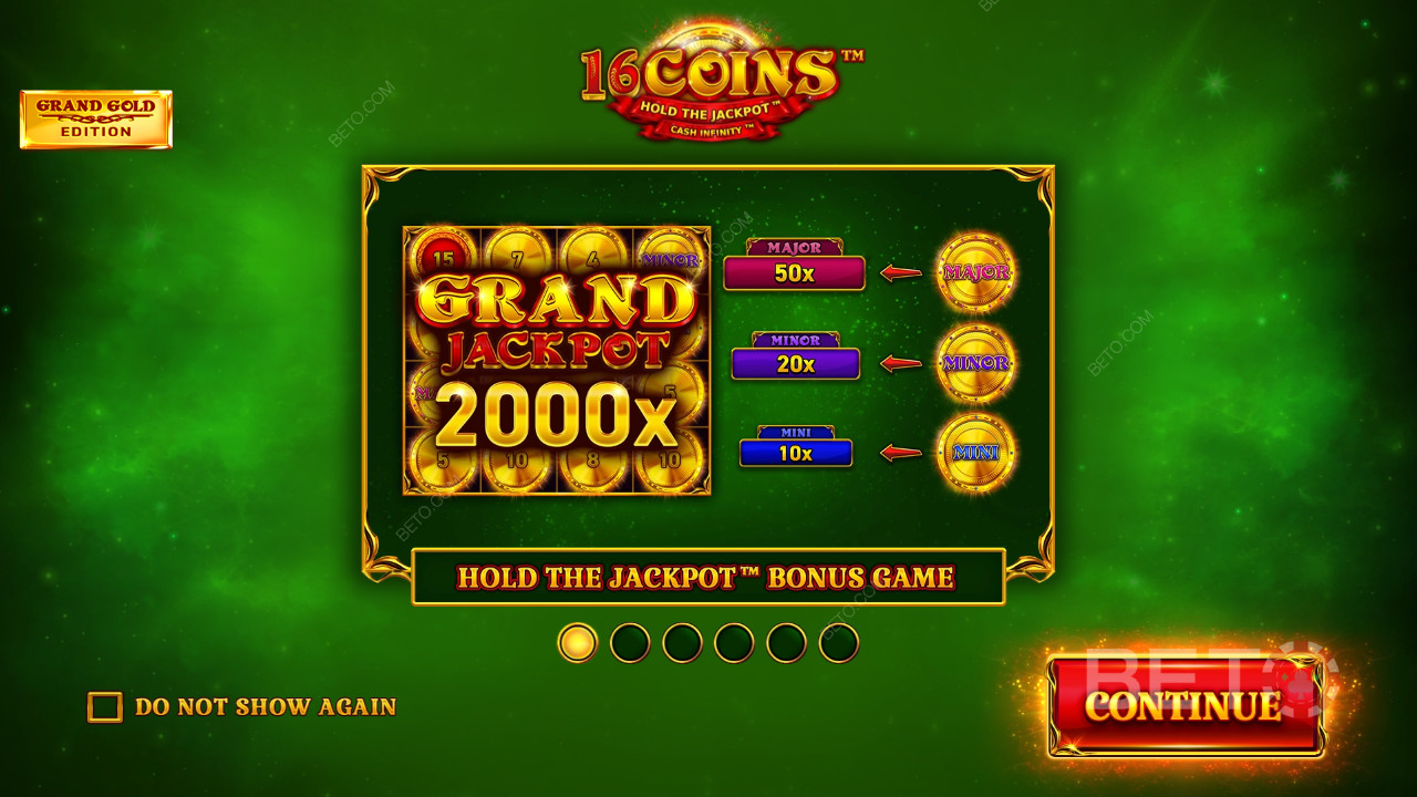 Vinn 2000 ganger innsatsen din i spilleautomaten 16 Coins Grand Gold Edition på nett!