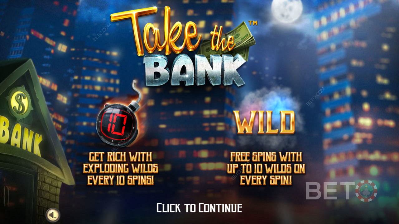 Introskjermen til Take The Bank - Get Rich med eksploderende Wilds