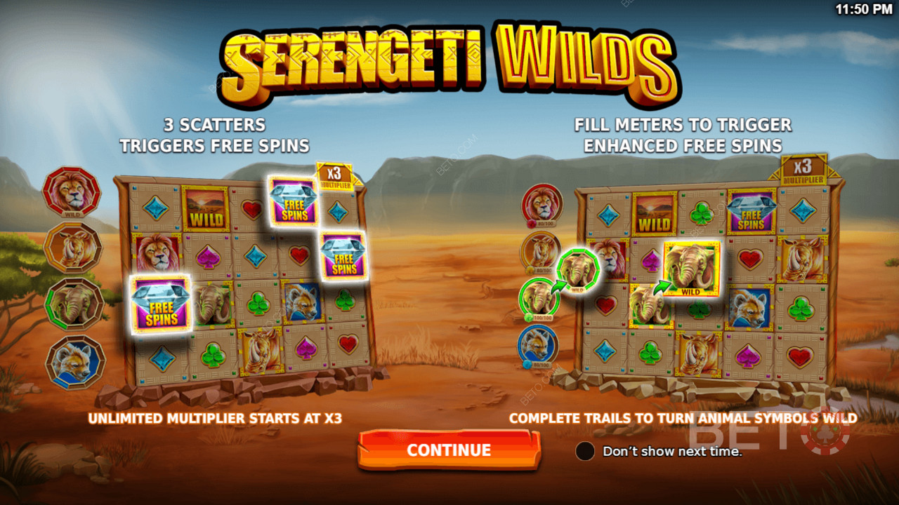 Nyt kraftige funksjoner som gratisspinn og forbedrede gratisspinn i Serengeti Wilds spilleautomaten