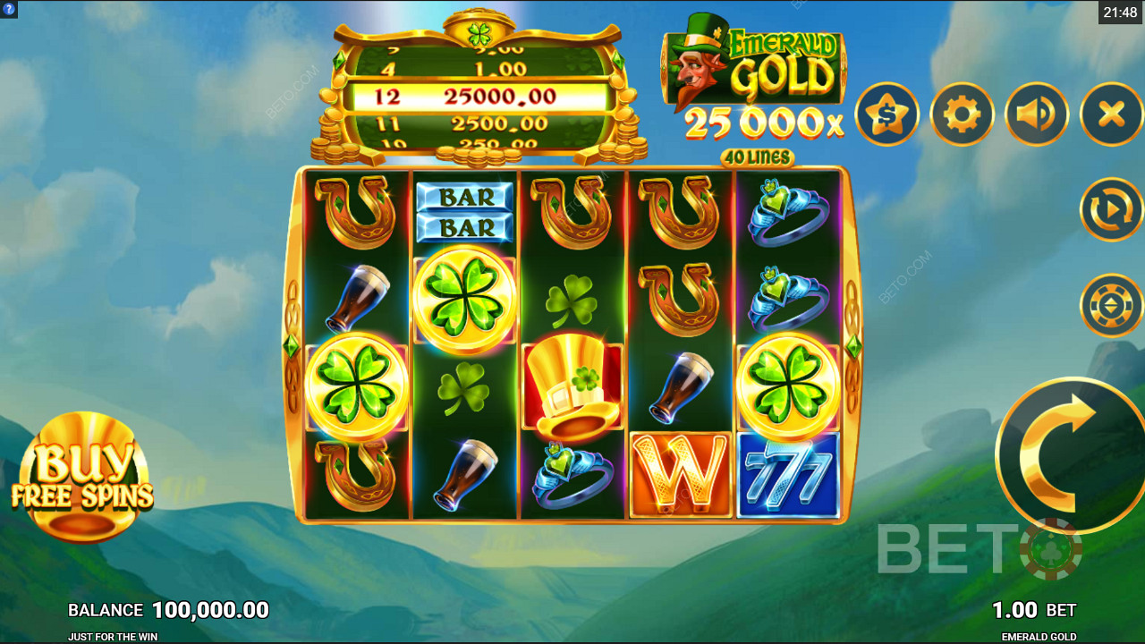 Kjøp gratisspinn i Emerald Gold online spilleautomat av Just For The Win