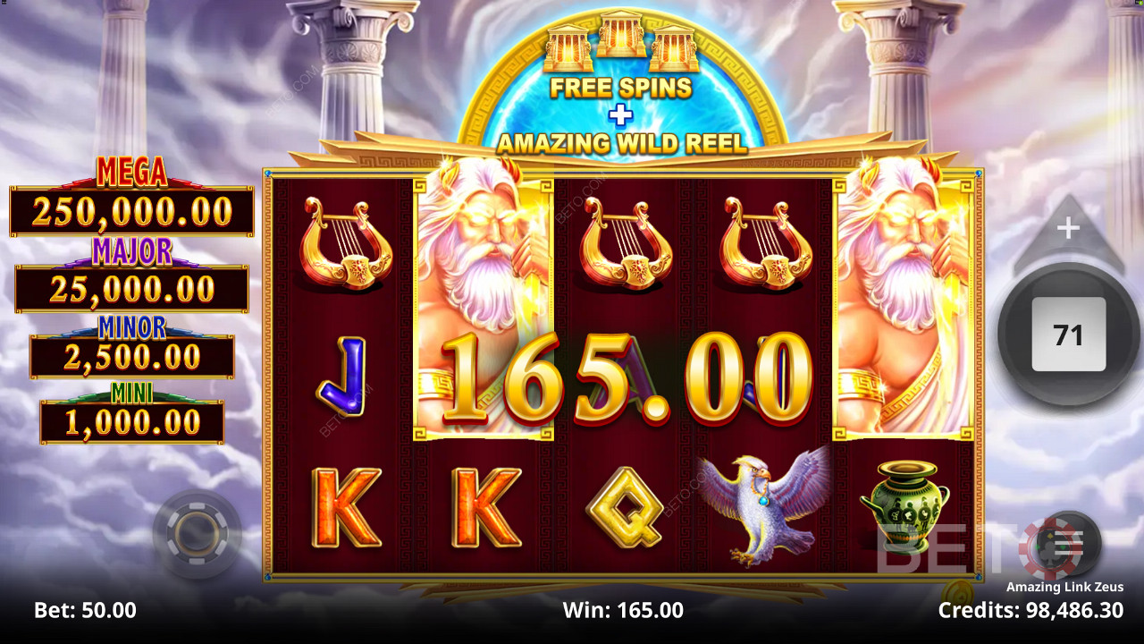 Spill og få en sjanse til å vinne en av 4 faste jackpot-premier i spilleautomaten Amazing Link Zeus