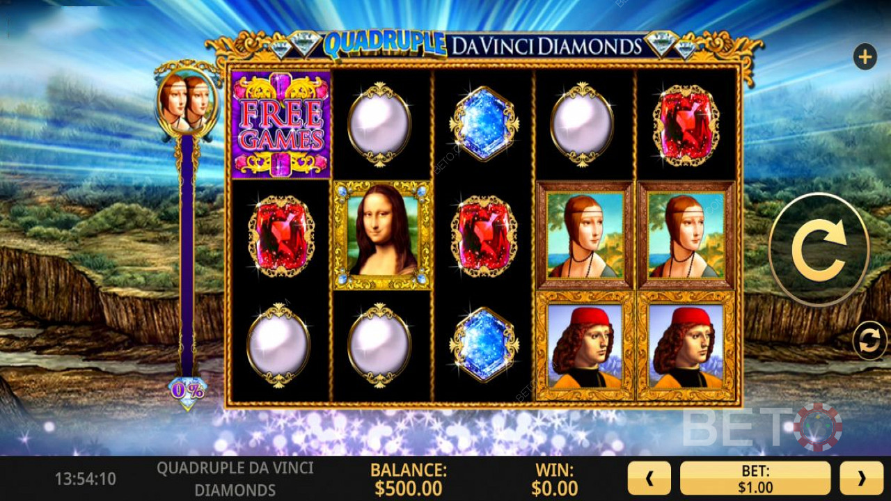 Nyt gratisspinn, Spin Crease-funksjonen og mer i Quadruple Da Vinci Diamonds -spilleautomaten