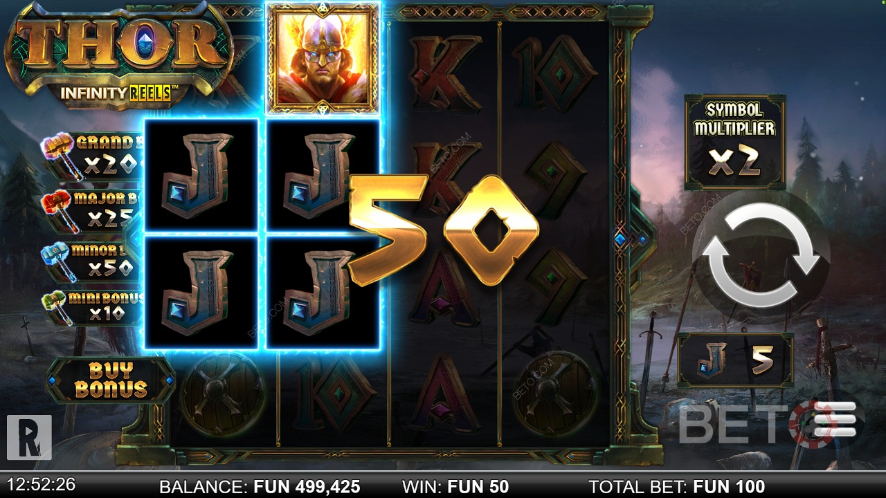 Land 5 eller flere symboler i en kombinasjon for å vinne i Thor Infinity Reels online spilleautomat