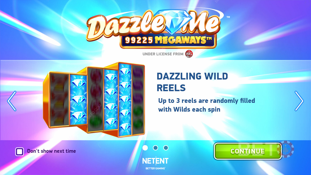 Introskjermen til Dazzle Me Megaways