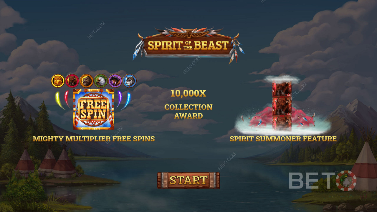 Introduksjonsskjermen til spilleautomaten Spirit of the Beast