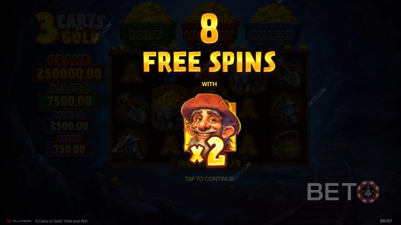 Vinn 5000x innsatsen din i spilleautomaten 3 Carts of Gold: Hold and Win!