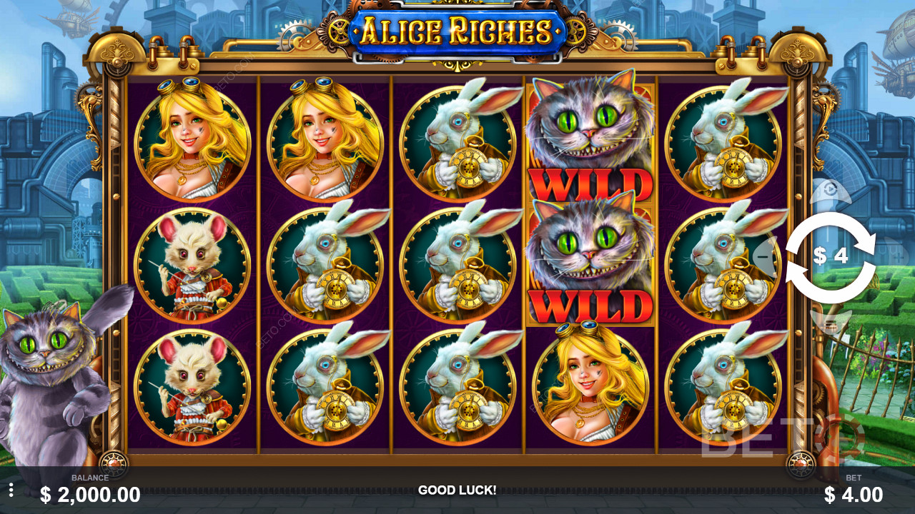 Alice Riches har 50 gevinstlinjer og 5 hjuls spilleautomat