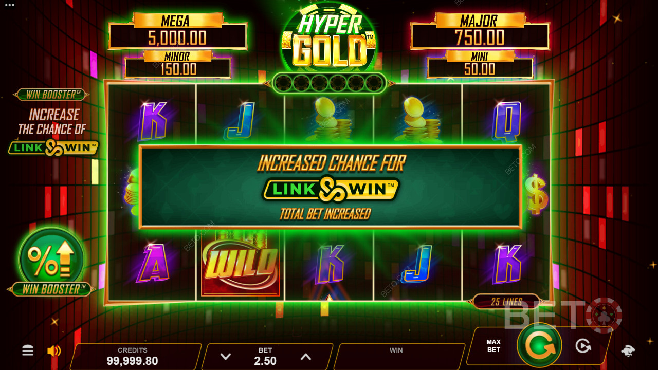 Hyper Gold har Win Booster og Link & Win Bonus-funksjoner for å begeistre deg