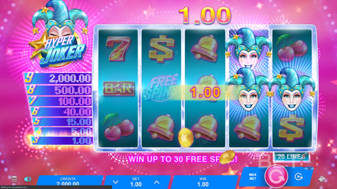 Spill gratisspinn med multiplikatorer når du treffer tre bonussymboler eller land ni jokere for å vinne toppgevinsten - 120 000 mynter
