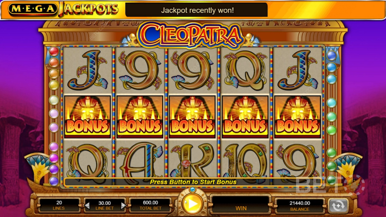 MegaJackpots Cleopatra en spilleautomat med 5 hjul og 20 gevinstlinjer